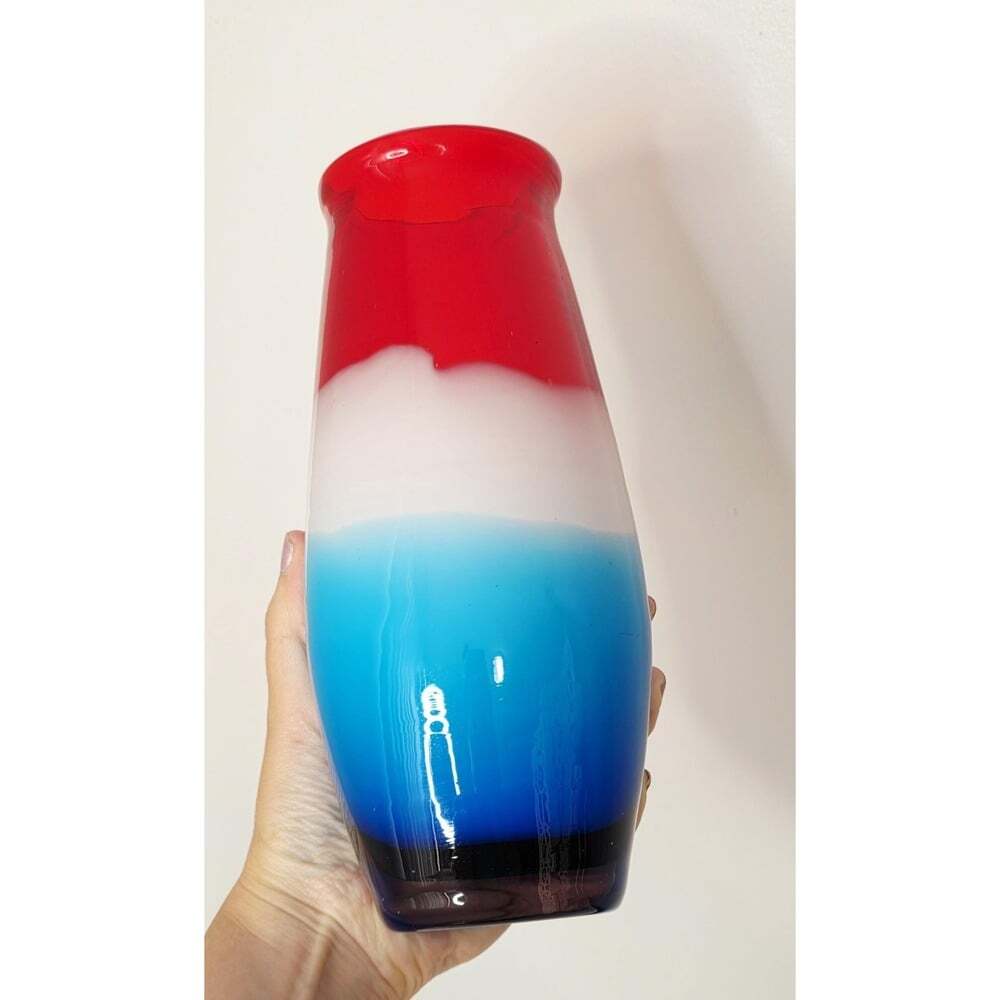Vintage Margie's Garden Hand Blown Art Glass Vase - Red, White, Blue Tri-Colour